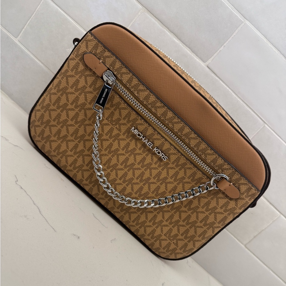 Michael Kors Tan and Brown Logo Crossbody Bag